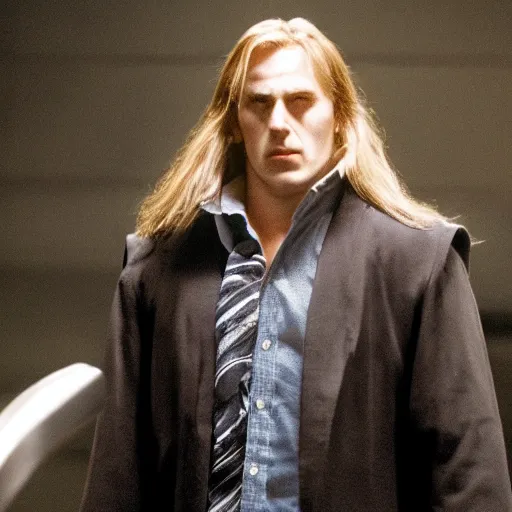 Image similar to arthas menethil as the american psycho, cinematic still