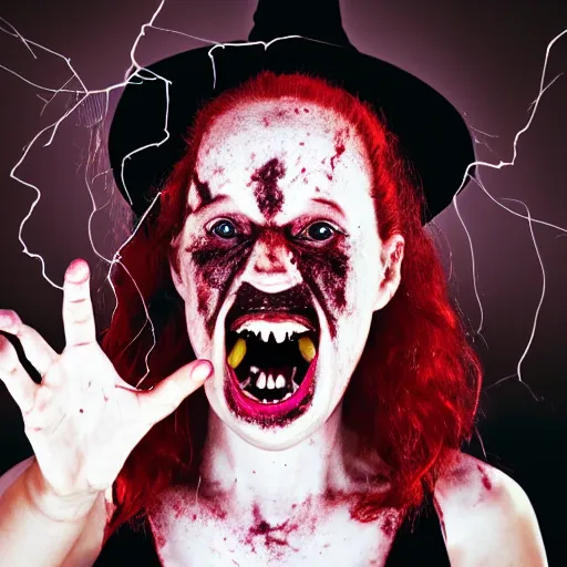 Prompt: A realistic photo of a creepy witch, huge red lightning coming out of her mouth, blood, dead skin, detailed body