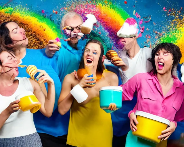 Prompt: incredible absurd energetic color advertisement for milk, baffling celebration of the production and consumption of milk, cows, dairy products, milk rainbow, milk waterfall, dairy, studio color photograph of a group of people drinking milk