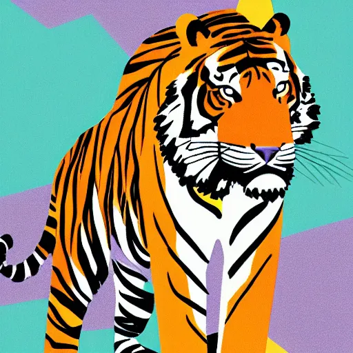 Image similar to tiger walking with backdrop showing the sky, palm tres. the tiger has sharp claws and teeth. in minimal colourful geometric illustration style