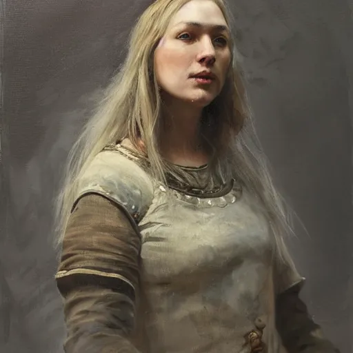 Image similar to Richard Schmid and Jeremy Lipking portrait painting of A shield-maiden (Old Norse: skjoldmø [ˈskjɑldˌmɛːz̠]) was a female warrior from Scandinavian folklore and mythology. Shield-maidens are often mentioned in sagas such as Hervarar saga ok Heiðreks and in Gesta Danorum. They also appear in stories of other Germanic peoples: Goths, Cimbri, and Marcomanni.[1] The mythical Valkyries may have been based on such shield-maidens.[ full-figure