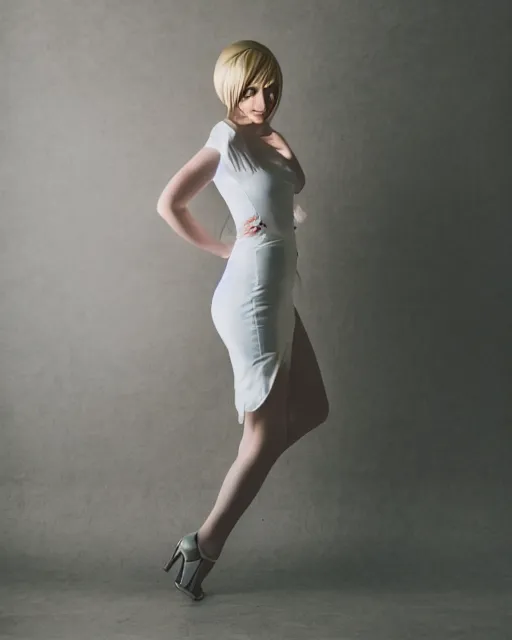 Prompt: 2 8 mm portrait of cute emily skinner cosplaying annie leonhart wearing tight white dress, wearing open toe heels, pale skin, cinematic lighting, sharp focus, backlit, stunning, smooth, hard focus, glamour pose, full body shot, octane 8 k, rtx, hdr