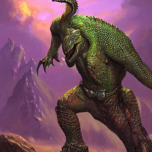 Image similar to bright, colorful, realistic, detailed from Elder Scrolls: shivering isles concept green daedroth aligator man full body backlighting, kodachrome, high contrast, highly detailed, sharp focus, digital painting, concept art, illustration, trending on artstation, comic book by Alex Ross and Adam Adamowicz cover art