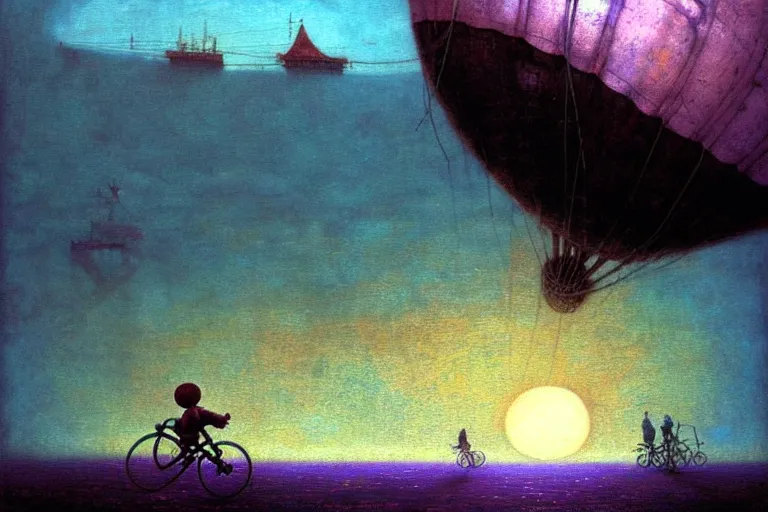 Prompt: kid rides a bicycle waving good bye to the airship at sunset, in the style of beksinski, intricate and epic composition, purple by caravaggio, insanely quality, highly detailed, masterpiece, purple light, artstation, 4 k