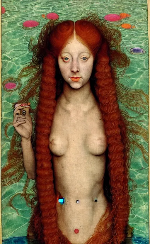 Image similar to portrait of a robot girl with long red hair and tattoo, under water, very beautiful enga style, girl wrapped in color, photorealism albrecht durer george copeland ault