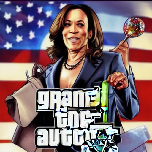 Prompt: gta 5 cover art of kamala harris eating a lolli - pop