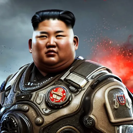 Prompt: portrait of kim - jong un in gears of war, splash art, movie still, detailed face, cinematic lighting, dramatic, octane render, long lens, shallow depth of field, bokeh, anamorphic lens flare, 8 k, hyper detailed, 3 5 mm film grain