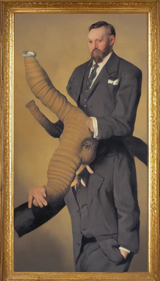 Image similar to painting of a capitalist elephant wearing a suit and tie, by peder krøyer, dramatic lighting, golden hour, adorable, intricate detail, canvas print