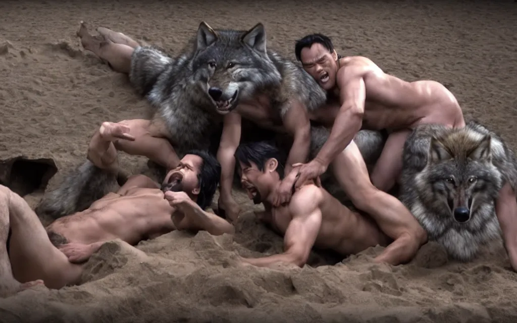 Prompt: wolfs and van darkholme playing in the sandbox photo screen form george lucas film