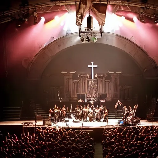 Prompt: Dream Theater playing a concert in a church with high ceilings under fire