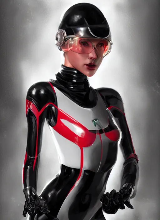 Prompt: Portrait of a female mech pilot in a black latex bodysuit, by Charlie Bowater, Ross Tran, WLOP, highly detailed, monotone, red highlights