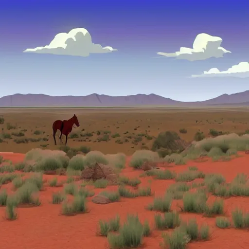 Prompt: cowboy on the range, beautiful New Mexico landscape, Art Deco, animation, cel-shading, toon shading, unity, 8k, 4k