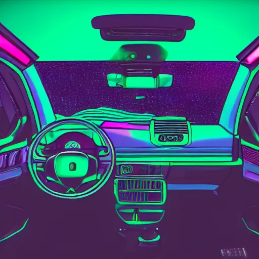 Image similar to 9 0 s fiat panda interior at night, with neon lights in the background, artstation, 3 5 mm, vaporwave