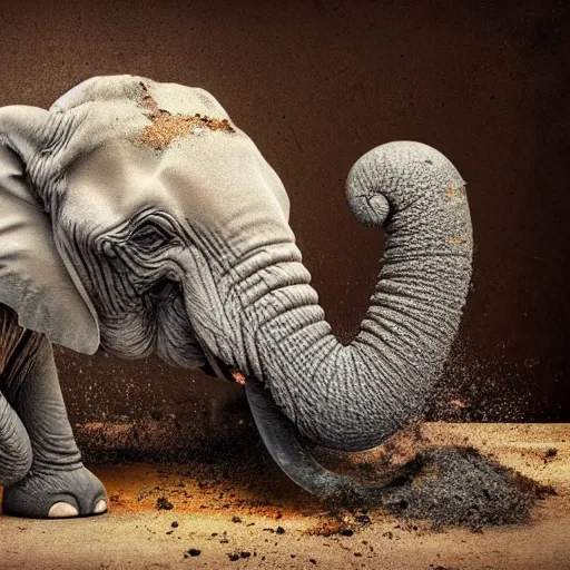 Image similar to an elephant falling apart and crumbling to dust to the air, photorealistic