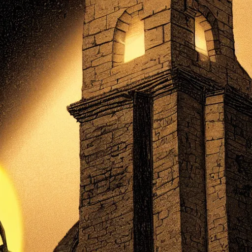 Prompt: Close-up of a terrified catholic priest in his twenties fervently praying at the top of a medieval tower. He is looking horrified as a yellow shadow descends upon him from the night sky. Dramatic lighting. Award-winning digital art, trending on ArtStation