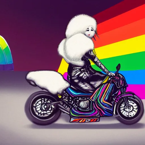 Image similar to wide angle full body, jacket wearing fluffy cute rainbow kitten wearing a black leather motorcycle jacket, concept art