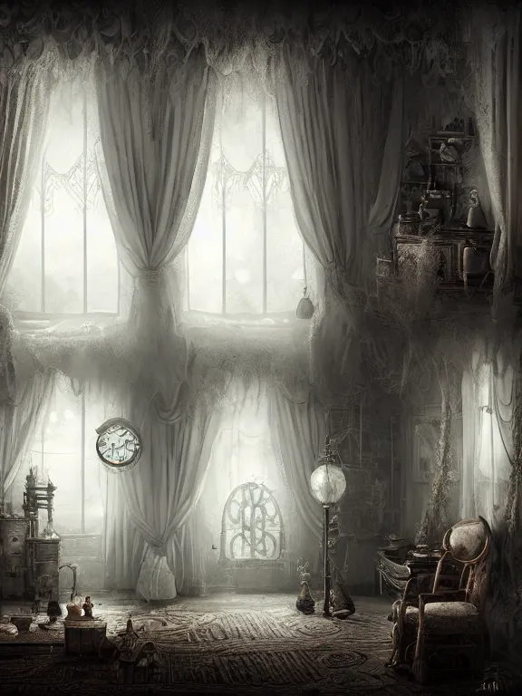 Prompt: inside a beautiful white room with black curtains steampunk, in style of Alexander Jansson and thomas kinkade , 8k resolution, Ultrafine Details,Hyper detailed digital matte painting, concept art, hyperrealism, beautiful