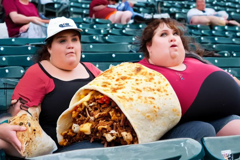 Image similar to obese woman eating a giant burrito sitting at a baseball game, photograph,