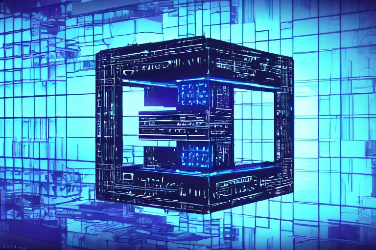 Prompt: a single Cyberpunk intricate black and neon blue hypercube no background 4K 3D render desktopography HD Wallpaper digital art