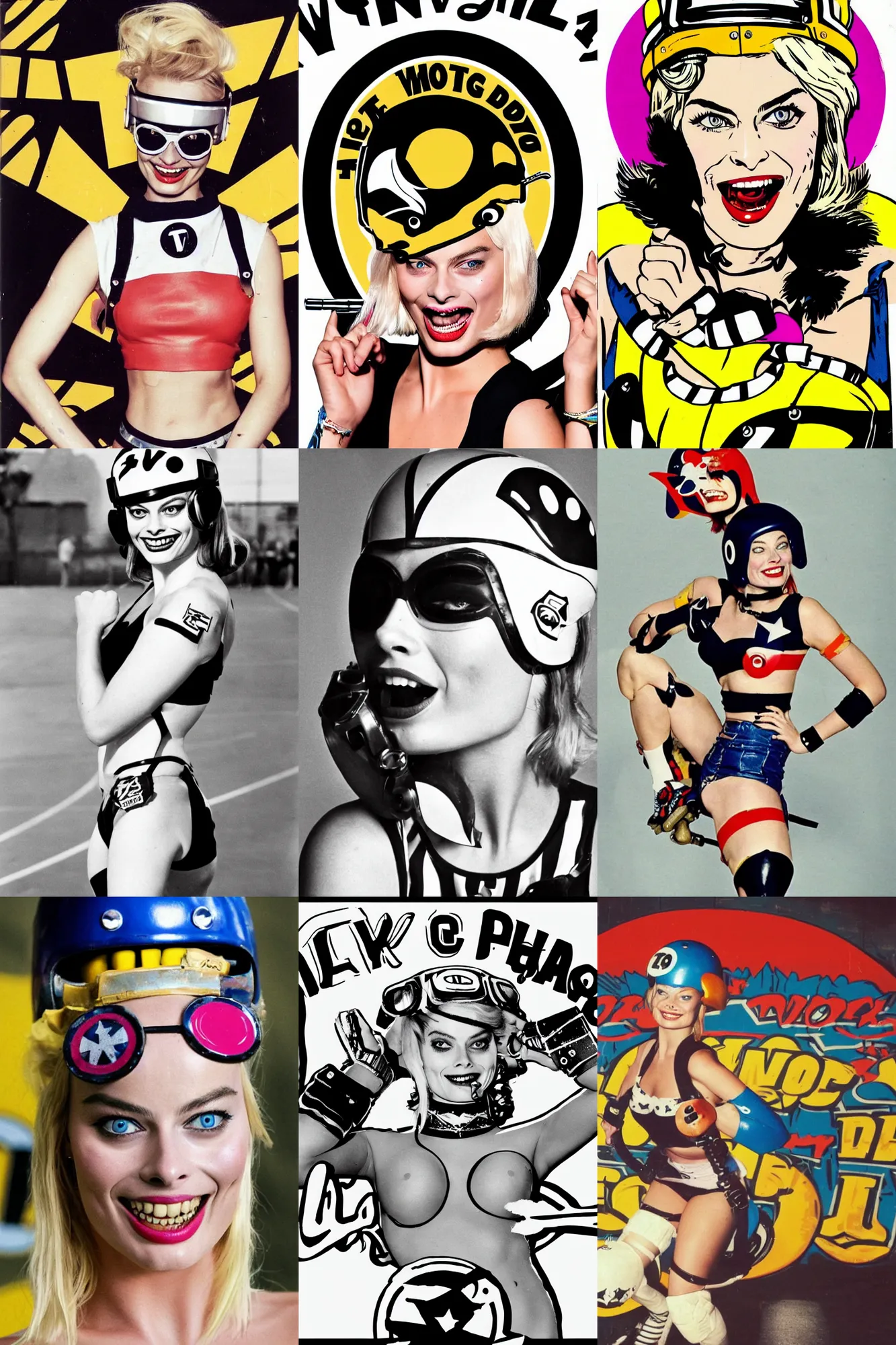 Prompt: Margot Robbie as tank girl, roller derby advert logo, wearing roller derby helmet, winking, roller skating, 1960s