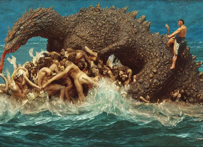 Prompt: wet slimy godzilla attacking the raft of the medusa, painting by lawrance alma - tadema by roger corman by richard corben by rick baker, 4 k, hyper - realistic, highly detailed