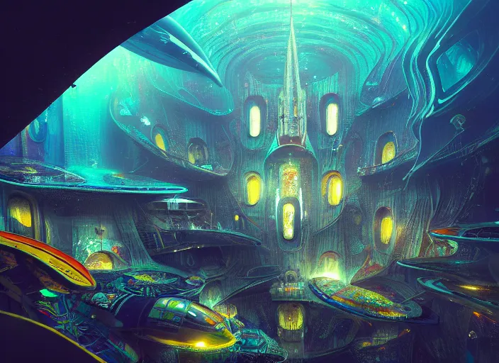 Image similar to favela spaceship cathedral, underwater environment, scenery, professional, award - winning, trending on artstation, hyper detailed, realistic, beautiful, emotional, shiny, colorful, picture