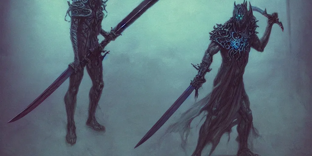 Prompt: Demonic sword in full length with blue glowing runes and eyes on the blade. In the dark, glowing ominously. Trending on ArtStation, in style of Beksinski, concept art, highly detailed.