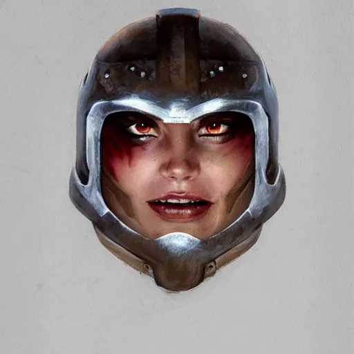 Image similar to doomguy as an attractive young smiling woman dressed as a knight, face portrait, hd shot, digital portrait, beautiful, fantasy art, artstation, comic style, by artgerm, guy denning, jakub rozalski, magali villeneuve and charlie bowater