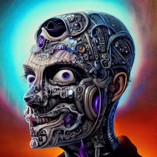 Image similar to full face close up portrait, sandman god of dreams wearing a cybernetic skeleton mask, deliver me cosmic sight, by patrick woodroffe, by igor morski, by laurie lipton, in the valley of the damned background, cinematic lighting, volumetric lighting, neosurrealism, realistic shadows, particle effects, rendered in octane, psychedelic, electric, cosmic, fantasy