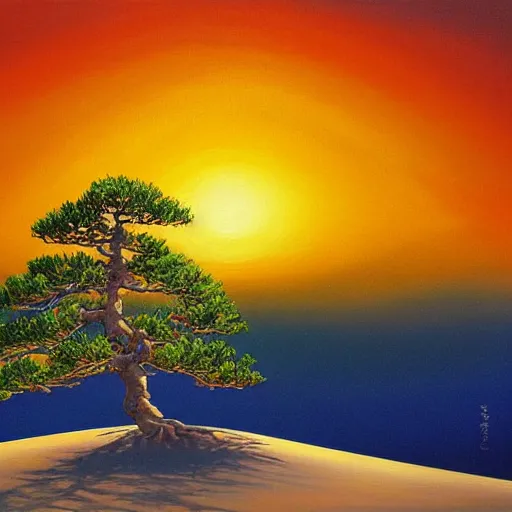 Prompt: a beautiful painting of a bonsai tree growing out of desert enlighted by a golden sunset by Ken Hong Leung, impasto oil painting, sand dunes, blue color scheme