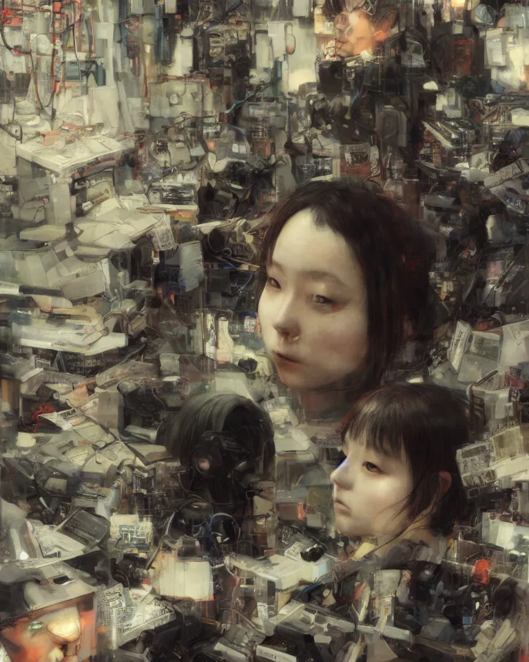 Prompt: portrait of lain iwakura, background room full of cables and computers by yoshitoshi abe, ruan jia and joao ruas. atmospheric