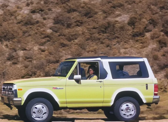 Prompt: orange juice driving a 1 9 9 4 white ford bronco news footage