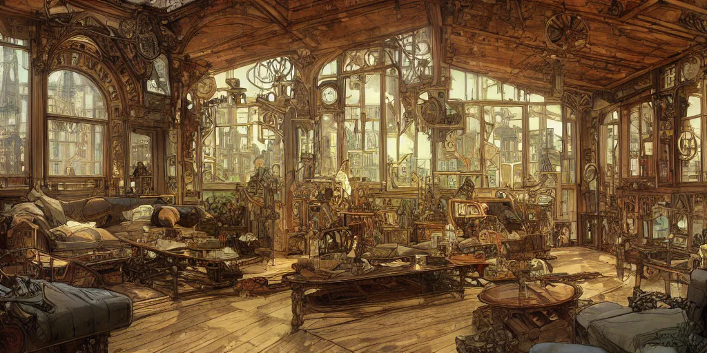 Prompt: a photo of a concept architecture art house steampunk living room, style brutalism, extremely detailed, sharp focus, wide view, smooth, digital illustration, colorfull, by william turner, by alphonse mucha