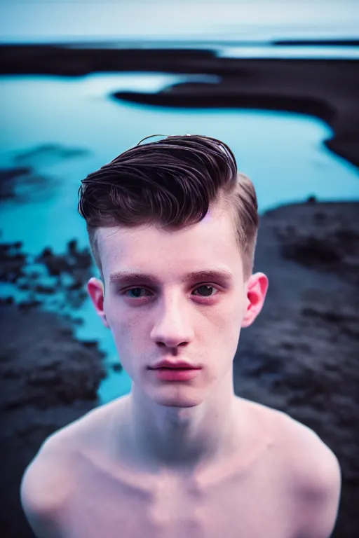 Image similar to high quality pastel coloured film mid angle docu photograph of a beautiful young 2 0 year old male, soft features, short black hair, maximalist clothing, in icelandic black rock pool environment. atmospheric. three point light. photographic. art directed. ( pastel colours ). volumetric light. clearcoat. waves glitch. 8 k. filmic.