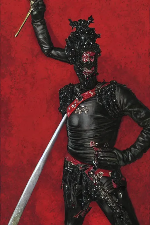 Image similar to Lord Licorice in a red and black sequins gown holding a peppermint sword, painting by Mark Brooks