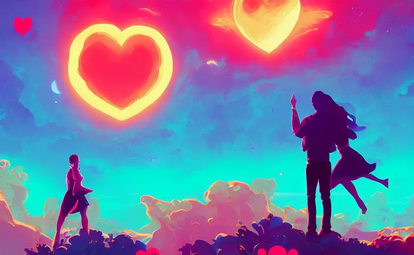 Prompt: silhouette of guy and girl pointing at giant heart and star shaped moon, ocean, synthwave flower background, gloomhaven, colorful swirly retrowave style fantasy, by lois van baarle, sachin teng, greg rutkowski, jesper ejsing, ilya kuvshinov, extremely detailed 4 k