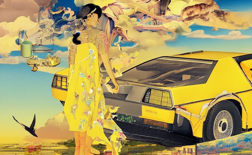 Prompt: a yellow delorean in the clouds, golden hour, colourful art by salvador dali, hsiao - ron cheng & utagawa kunisada, magazine collage,