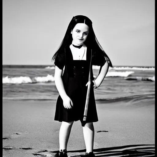 Image similar to b & w photo of wednesday addams at the beach