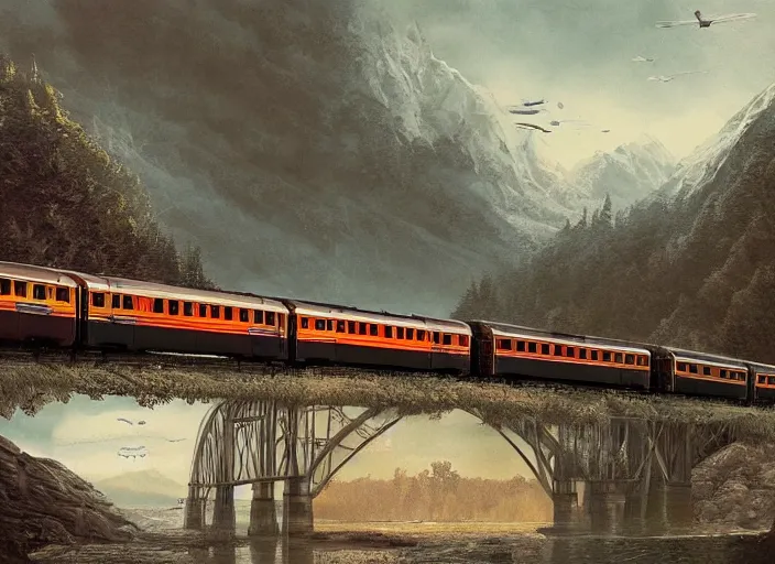 Image similar to 🚃🚇🚂🚊, lowbrow, matte painting, 3 - d highly detailed, in the style of,