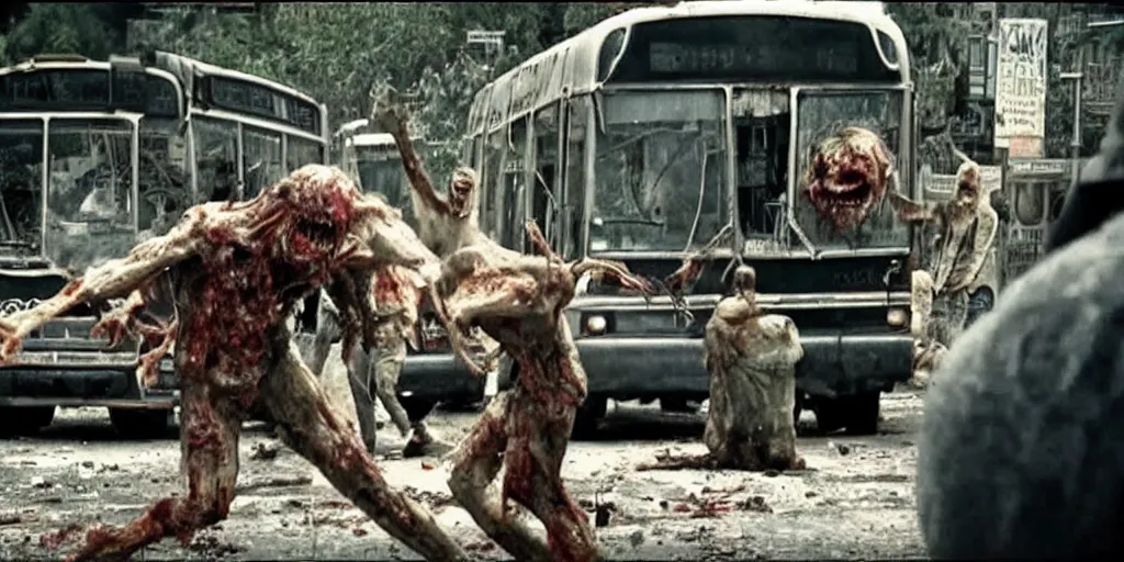 Image similar to a brutal giant zombie try to destroy a bus, still shot from movie