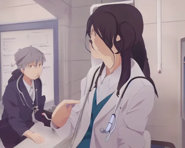 Image similar to a cute and beautiful young female doctor wearing white coat are talking with an old professor in a hospital, slice of life anime, lighting, anime scenery by Makoto shinkai