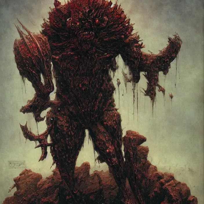 Prompt: demonic berserker in hellish armor, muscular body, demon, balrog, beksinski