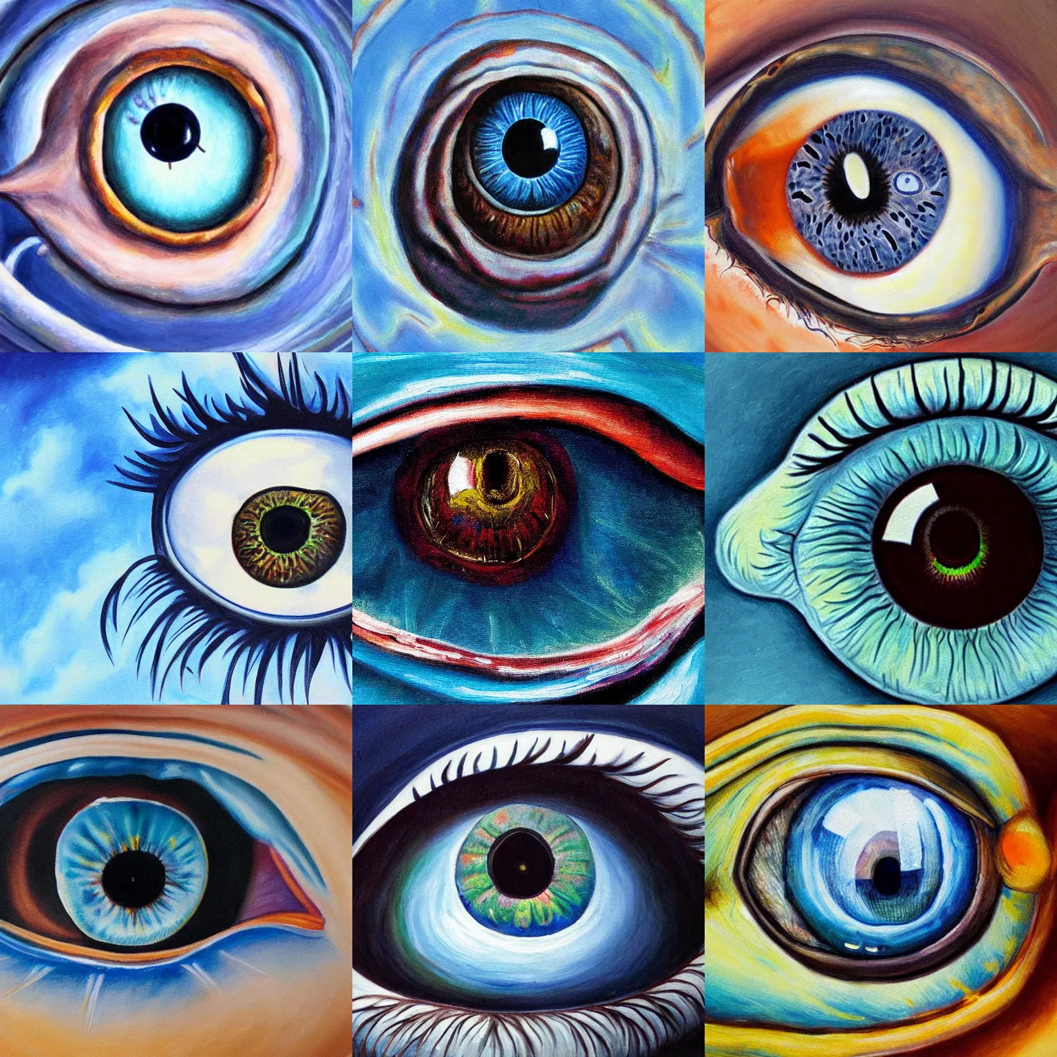Prompt: an extremely detailed painting of an eyeball in a blue sky