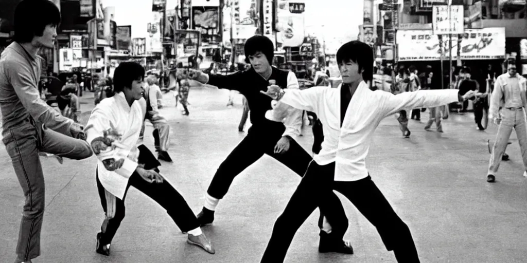 Prompt: bruce lee in a street fight with quentin tarantino on hollywood boulevard in the middle of traffic, hyperreal, onlookers, in style style of kill bill
