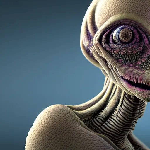 Image similar to a fractal alien humanoid with ten eyeballs, translucent skin, octane render, 4 k, 3 d, ultra realistic