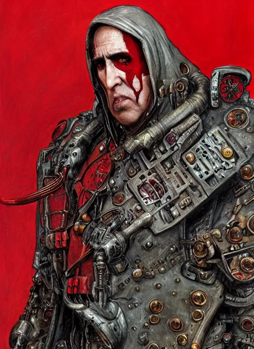 Image similar to portrait of rotten Nicolas Cage as adeptus mechanicus in red hood and robe from Warhammer 40000. Highly detailed, artstation, illustration by and John Blanche and zdislav beksinski and wayne barlowe and Gustav Klimt