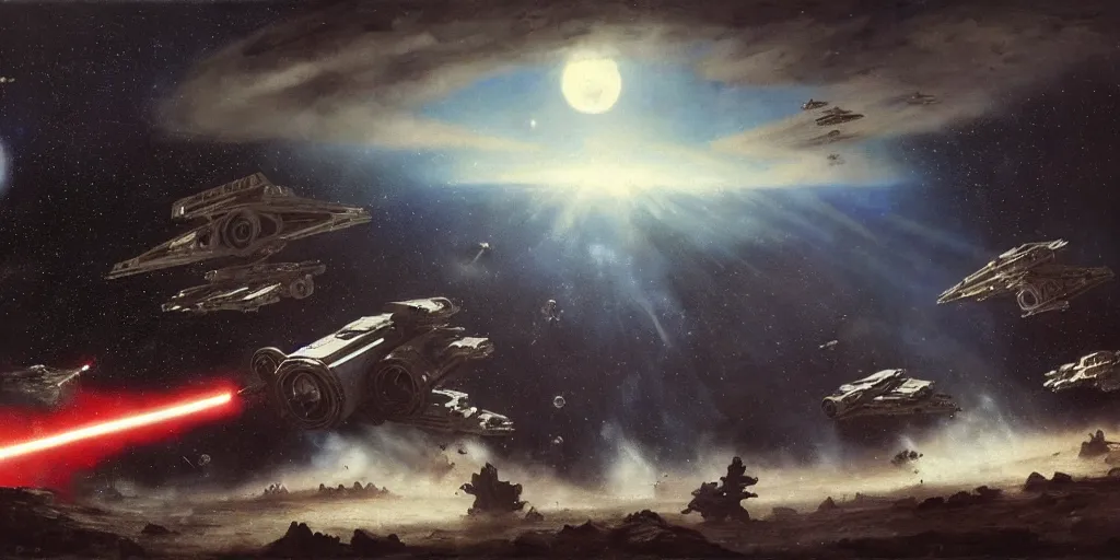 Image similar to star wars space battle in outer space above the forest moon on endor : small tie fighters overwhelm and fire green lasers at rebel capital ship. painted by jan matejko, greg rutkowski and gustave courbet. oil on canvas, sharp focus, cinematic atmosphere, explosions, detailed and intricate environment