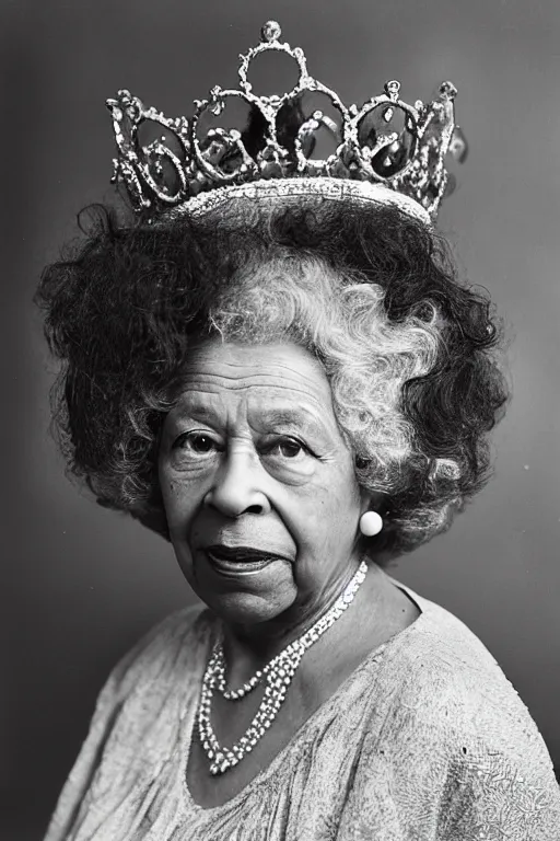 Image similar to a colour photograph of an elderly black lady with grey curly hair, wearing a crown and clothing of Queen Elizabeth the second, 50mm lens, portrait photography, taken by Robert Capa, studio lighting