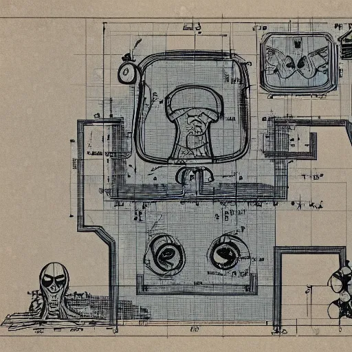 Prompt: blueprint for alien toilet, extreme detail