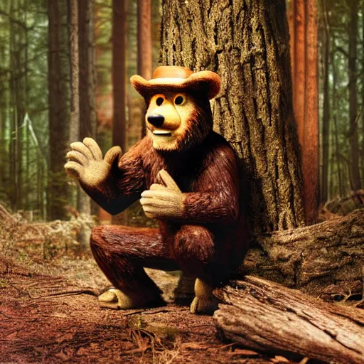 Image similar to UHD canndid photo of Smokey The Bear squatting on a commode in the woods, by Annie leibowitz, photorealisitc, extremely detailed